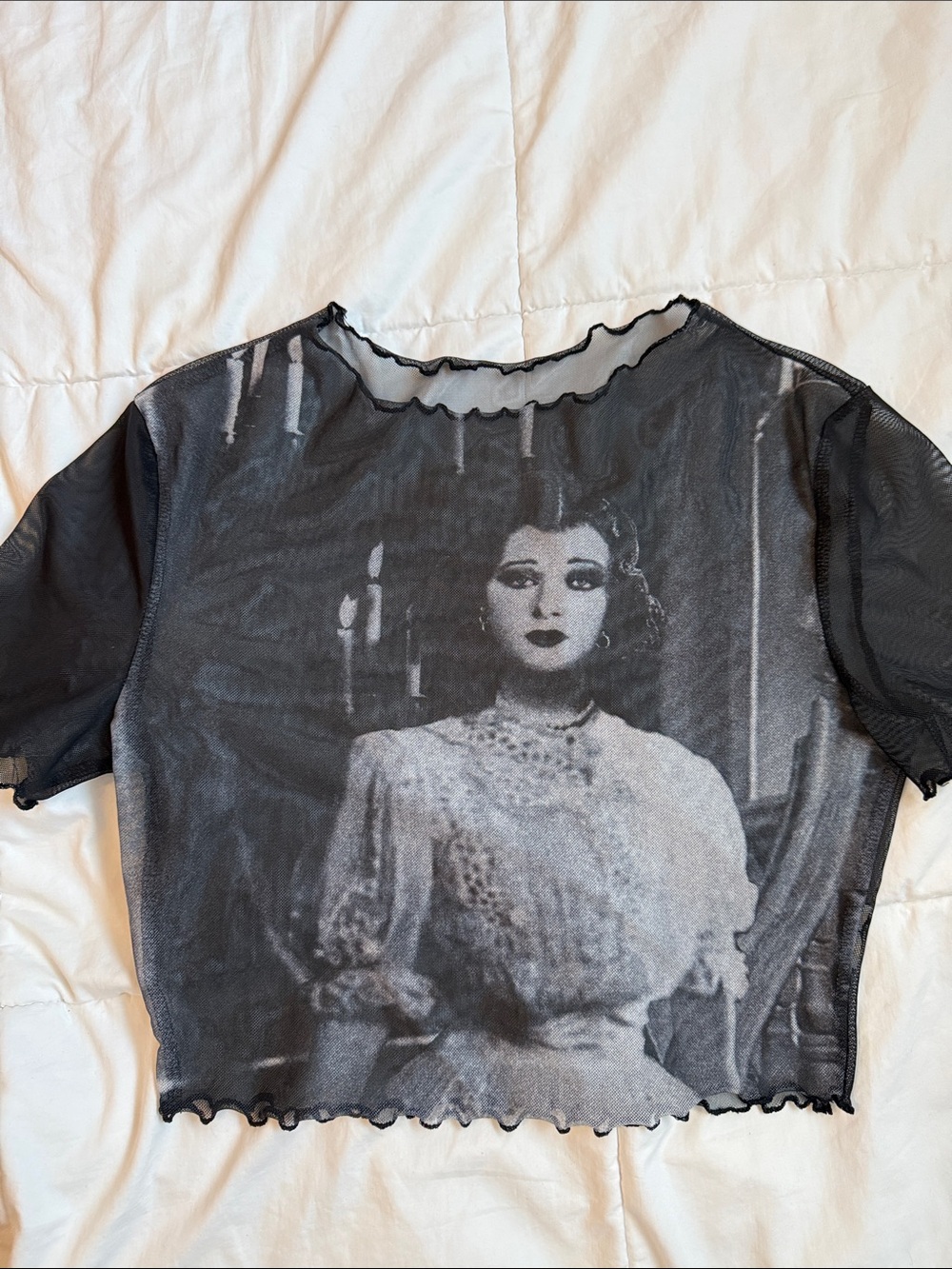 Black Mesh Graphic Crop Top with Vintage Portrait - Picture 9 of 10